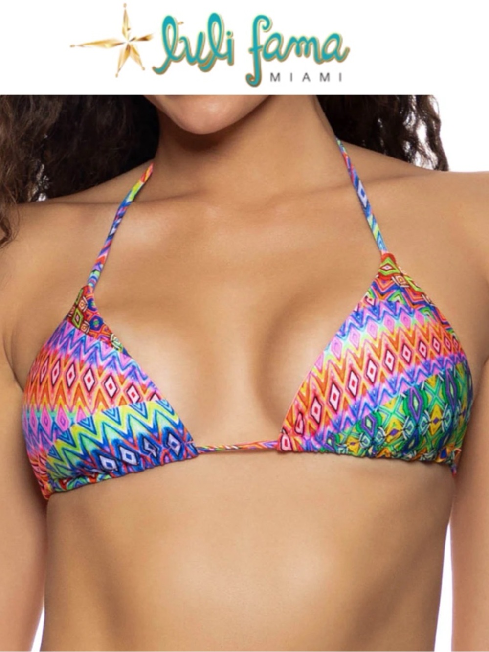 LULI FAMA MIAMI FREE LOVE MULTICOLOR TRIBAL SEAMLESS TRIANGLE BIKINI TOP **NWT**